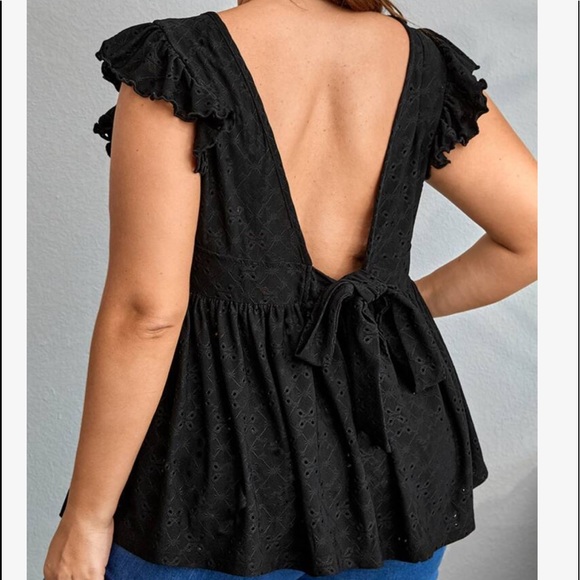 Plus Size Lace Eyelet Embroidered Back bow Top Blouse Shirt - Picture 3 of 14